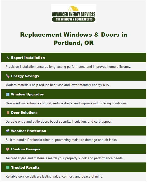 Replacement Windows & Doors in Portland, OR infographic — Expert Installation, Energy Savings, Window Upgrades, Door Solutions, Weather Protection, Custom Designs, and Trusted Results